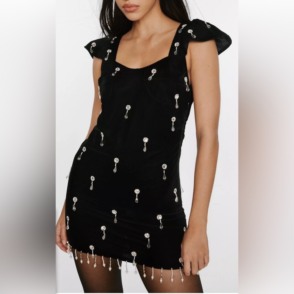 Velvet Bead Embellished Mini Dress